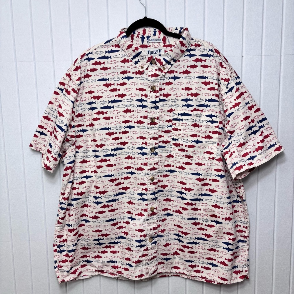 Duluth Trading Co Red and‎ Blue Fish Print short sleeve Shirt Cotton Size 2XL